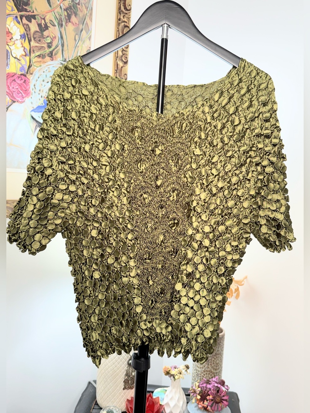 Vintage Olive Green 3D Bubble Dot Textured Stretch Top Y2K Artwear Blouse